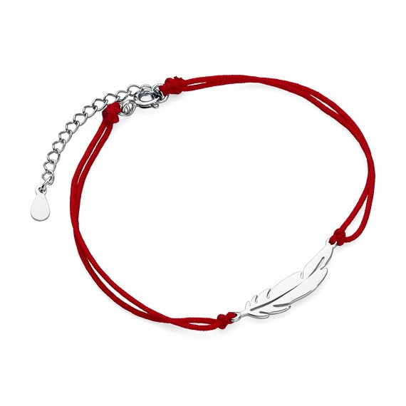 Srebrna pr.925 bransoletka z czerwonym sznurkiem i piórkiem