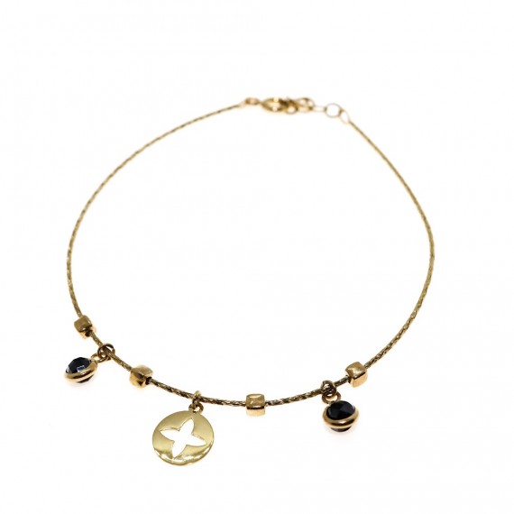 Złota bransoletka- półsztywna z wiszącym elementem, czarnymi cyrkoniami oraz złotymi sześcianami