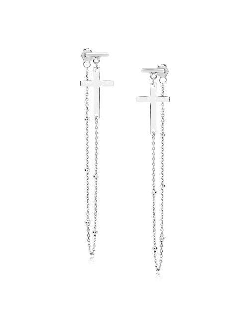Srebrne kolczyki pr.925 z krzyżem i kulkami na łańcuszku