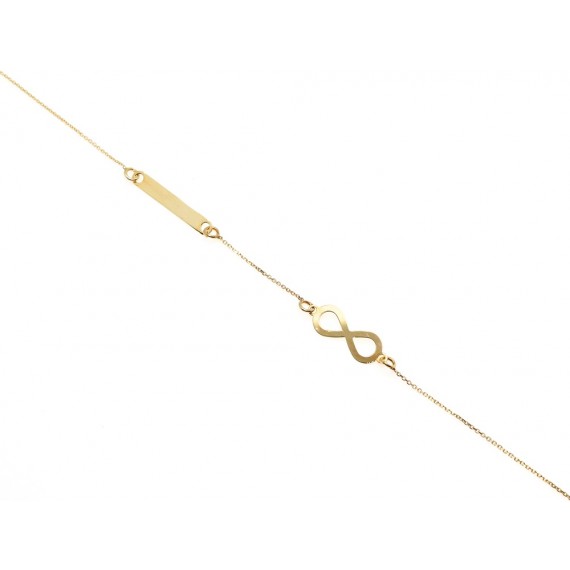 Złota bransoletka celebrytka - znak nieskończoności oraz prostokątna blaszka