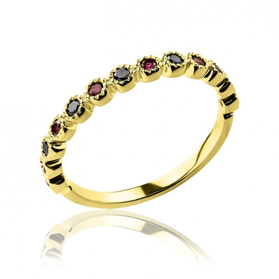 Złoty pierścionek czarno-rubinowe cyrkonie