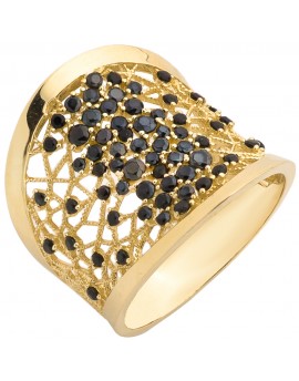 Złoty pierścionek ażurowy z czarnymi cyrkoniami