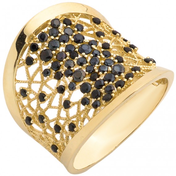 Złoty pierścionek ażurowy z czarnymi cyrkoniami