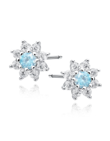 Srebrne kolczyki pr.925 kwiatek z szafirową cyrkonią