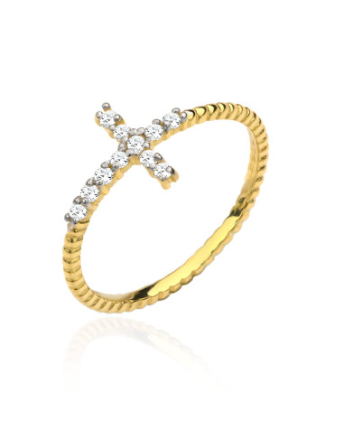 Pierścionek złoty krzyżyk wysadzany kamieniami (Rozmiar:15 pr. 585 Gramatura: 0.83)