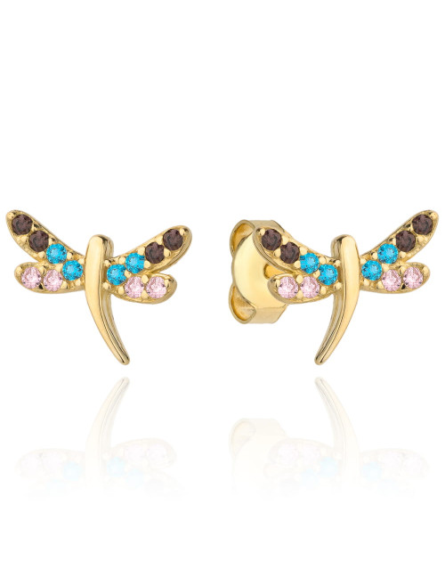 Kolczyki złota ważka wysadzana kolorowymi cyrkoniami (Gramatura: 1.06)