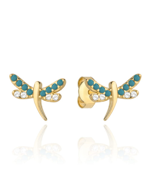 Kolczyki złota ważka wysadzana turkusowymi kamieniami i cyrkoniami (Gramatura: 1.03)