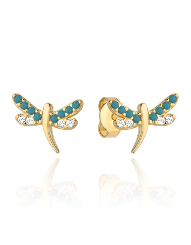 Kolczyki złota ważka wysadzana turkusowymi kamieniami i cyrkoniami (Gramatura: 1.08)