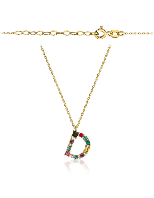 Naszyjnik złoty litera D z kolorowymi kamieniami (Gramatura: 1.45)