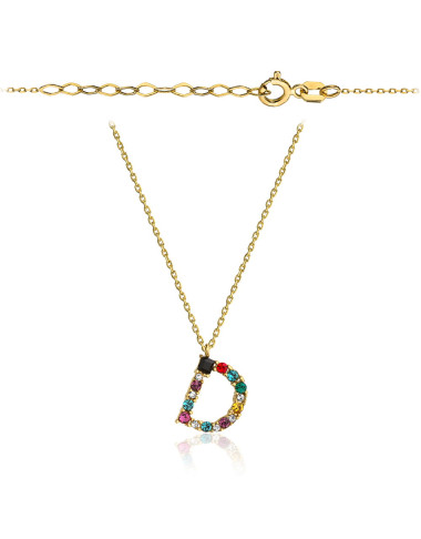 Naszyjnik złoty litera D z kolorowymi kamieniami (Gramatura: 1.46)