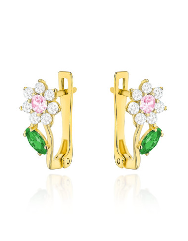 Kolczyki złote kwiatki z różową i zieloną cyrkonią (Gramatura: 0.92)