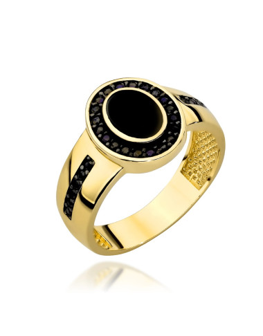 Pierścionek złoty owal z emalią zdobiony czarnymi kamieniami (Rozmiar: 11 pr. 585 Gramatura: 3.70)