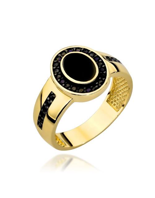 Pierścionek złoty owal z emalią zdobiony czarnymi kamieniami (Rozmiar: 11 pr. 585 Gramatura: 3.70)