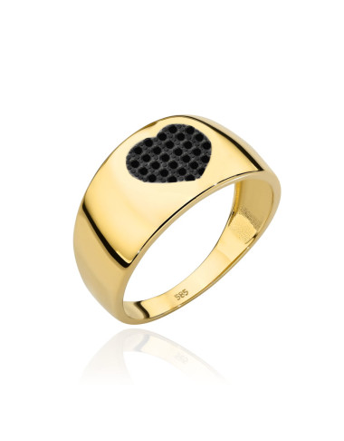 Pierścionek złoty szeroki z sercem wysadzanym czarnymi kamieniami (Rozmiar: 12 pr. 585 Gramatura: 2.75)