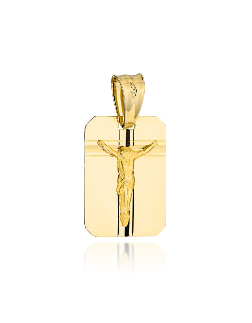 Medalik złoty z ukrzyżowanym Jezusem i żłobionym krzyżem na blaszce (Gramatura: 2.39)