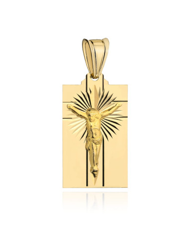 Medalik złoty z ukrzyżowanym Jezusem i promieniami na blaszce (Gramatura: 3.35)
