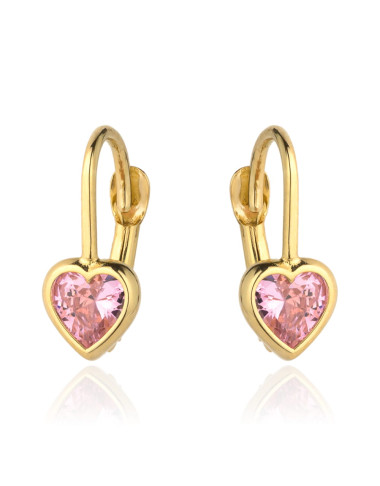 Kolczyki złoty kontur serca i różowy kamień (Gramatura: 1.40)