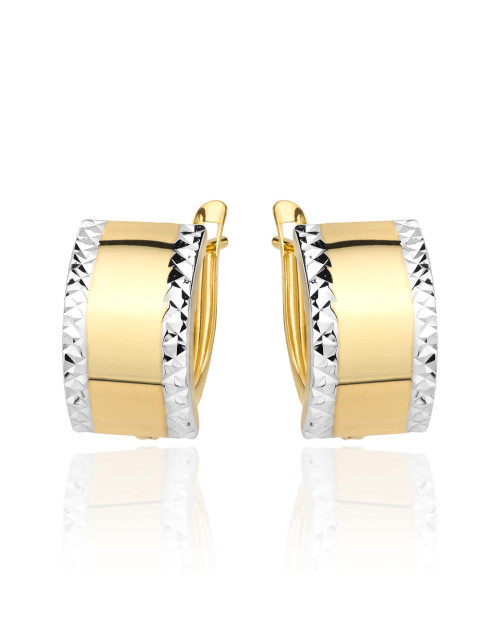 Kolczyki złote szerokie diamentowane na obu brzegach dwa kolory złota (Gramatura: 1.88)
