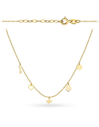 Naszyjnik złoty kluczyk, serce, ważka, kłódka i pełne kółko (Gramatura: 0.93)