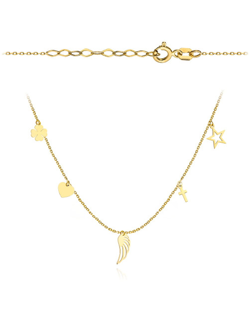Naszyjnik złoty koniczynka, serce, skrzydło, krzyżyk i kontur gwiazdki super lekki (Gramatura: 0.97)