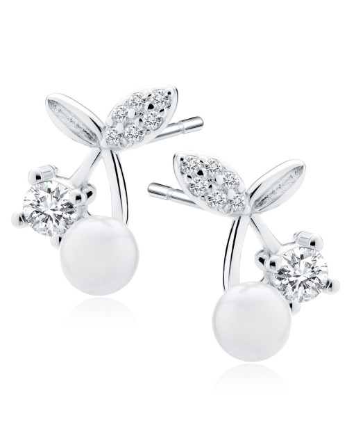 Srebrne kolczyki pr.925 wisienka z białymi cyrkoniami i perłą