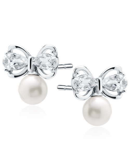 Srebrne kolczyki pr.925 perełki i kokardki z białymi cyrkoniami