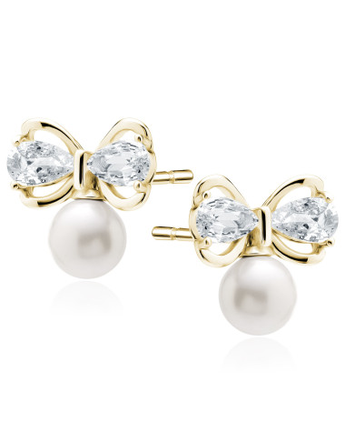 Srebrne pozłacane kolczyki pr.925 perełki i kokardki z białymi cyrkoniami