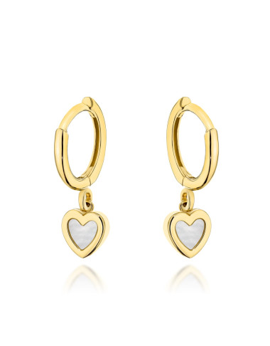 Kolczyki złote kółeczko z wiszącym serduszkiem z masą perłową (Gramatura: 1.04)