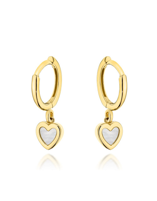 Kolczyki złote kółeczko z wiszącym serduszkiem z masą perłową (Gramatura: 1.04)