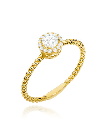 Pierścionek złoty z centralną cyrkonią w oprawie mniejszych na plecionej szynie (Rozmiar pr. 585: 9 Gramatura: 1.27)