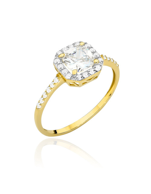 Pierścionek złoty z kwadratowym kamieniem, cyrkoniami i rodowaniem (Rozmiar pr. 585: 17 Gramatura: 2.02)