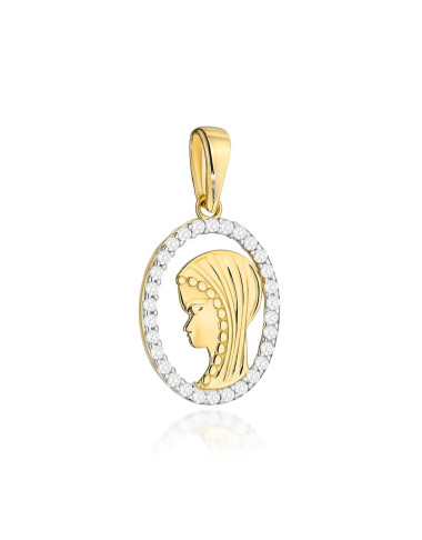 Medalik złoty owal zdobiony cyrkoniami z wizerunkiem Matki Boskiej (Gramatura: 0.86)