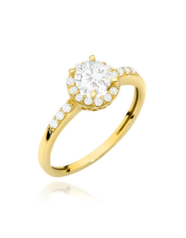 Pierścionek złoty z centralną cyrkonią w oprawie mniejszych i ozdobną szyną (Rozmiar pr. 585: 12 Gramatura: 1.86)