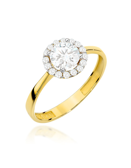 Pierścionek złoty z centralną cyrkonią w oprawie mniejszych i gładką szyną (Rozmiar pr. 585: 10 Gramatura: 1.63)