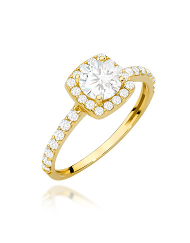 Pierścionek złoty z centralną cyrkonią w kwadracie wysadzany cyrkoniami (Rozmiar pr. 585: 15 Gramatura: 1.90)