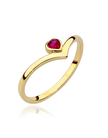 Pierścionek złoty z gładką szyną i sercem w kolorze rubinowym (Rozmiar: 13 pr. 585 Gramatura: 1.38)