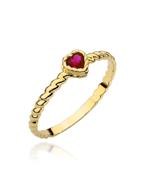Pierścionek złoty pleciony z serduszkiem w kolorze rubinowym (Rozmiar: 18 pr. 585 Gramatura: 1.16)