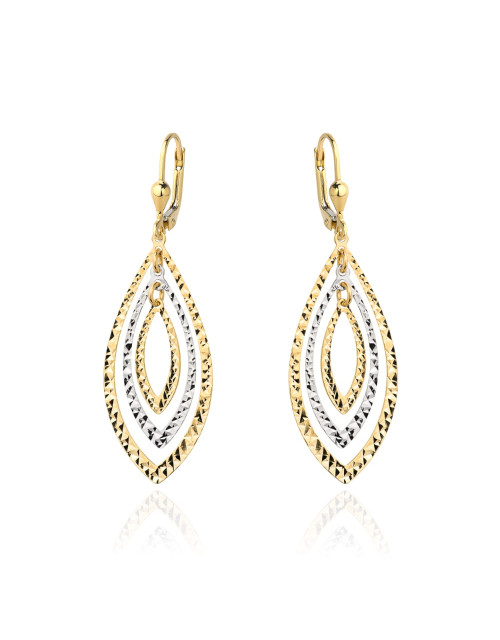 Kolczyki złote listki diamentowane z białym złotem (Gramatura: 2.78)