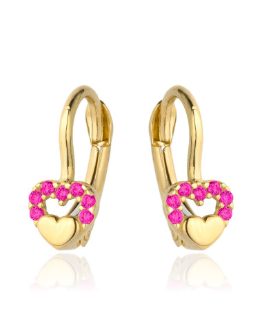 Kolczyki złote wypukłe serduszko w sercu z purpurowych cyrkonii (Gramatura: 1.09)