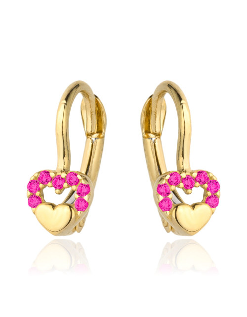 Kolczyki złote wypukłe serduszko w sercu z purpurowych cyrkonii (Gramatura: 1.09)