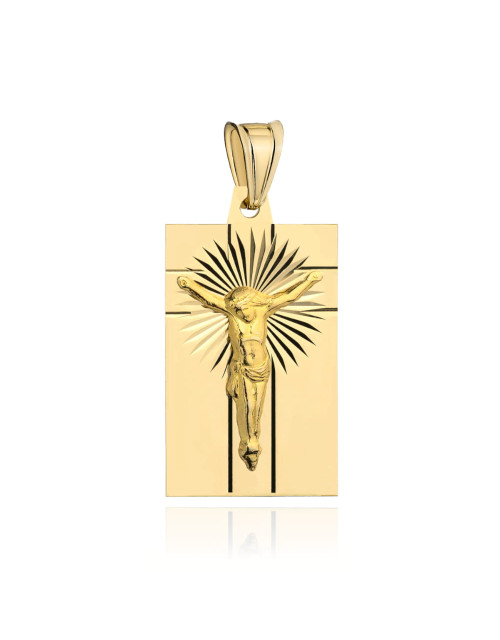 Medalik złoty z ukrzyżowanym Jezusem i promieniami na prostokątnej blaszce (Gramatura: 1.68)