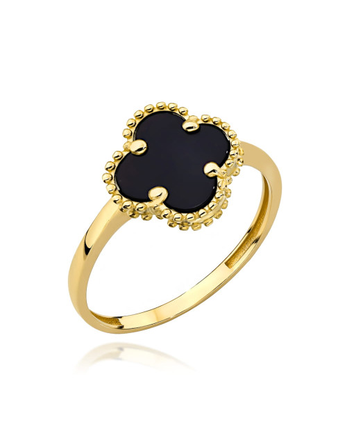 Pierścionek złoty koniczynka z czarnym kamieniem (Rozmiar pr. 585: 18 Gramatura: 2.96)