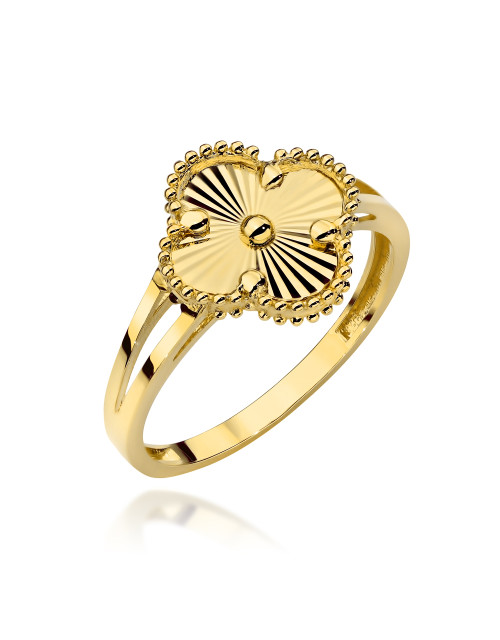 Pierścionek złoty z diamentowaną koniczynką i ozdobną szyną (Rozmiar pr. 585: 10 Gramatura: 1.61)