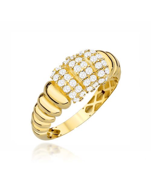 Pierścionek złoty żłobiony z potrójnym rzędem wysadzanym cyrkoniami (Rozmiar pr. 585: 11 Gramatura: 2.00)