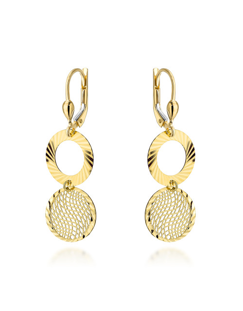 Kolczyki złote wiszące diamentowany ring i ażurowe kółko (Gramatura: 2.66)
