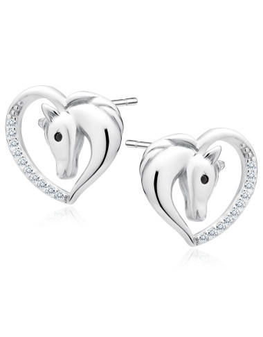 Srebrne kolczyki pr. 925 serce - koń z czarnymi cyrkoniami
